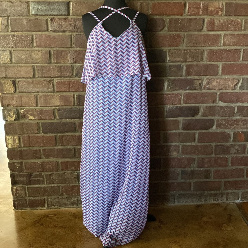 Charming Charlie’s blue, red, and white chevron tiered strappy flowy maxi dress - Picture 2 of 8